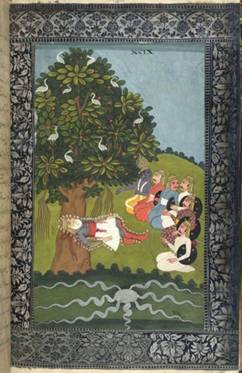 Una de las 134 ilustraciones del Razmnama (Libro de las guerras, 1761-1763), traducción persa del Mahabharata. El rey Akbar (1556-1605) ordenó a Naqib Khan que tradujera el texto hindú para mejorar las relaciones entre las dos culturas. En esta escena, el abuelo Bhishma —todavía vivo semanas después del fin de la batalla de Kurukshetra— imparte sus últimas enseñanzas mientras agoniza (sobre el «lecho de flechas» con que su sobrino nieto Árjuna lo acribilló), rodeado por los cinco Pándavas (con ropas musulmanas) y Krishna (de piel azul). Abajo se ve un manantial de la madre Ganges, que Árjuna invocó para saciar la sed de Bhishma.
