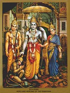 Los protagonistas del Rāmāyana: Lákshman (hermano de Rāma), el rey-dios Rāma, su esposa Sita, y el mono Hanuman a sus pies