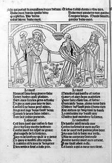 Grabado representando a la muerte llevándose a un trovador (derecha) y a un abogado. La Danse macabre, París, Guy Marchant, 1486.