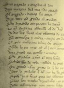 Una página del Cantar de Mio Cid en castellano medieval.