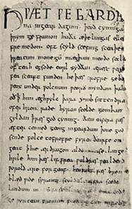 Primera página del poema Beowulf.