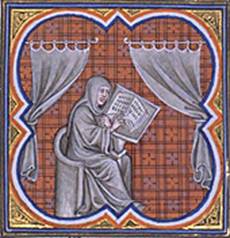 Iluminación de un manuscrito medieval de Eginardo escribiendo