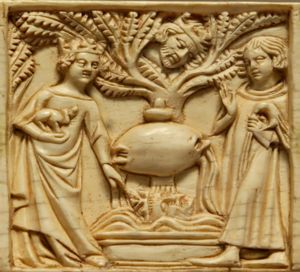 Tristán e Isolda vigilados por el rey Marc. Detalle de un cofre. Siglo XIV