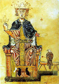 Federico II Hohenstaufen con su Halcón de Cetrería. De su libro De arte venandi cum avibus (Sobre el arte de cazar con aves) (fines del siglo XIII)