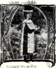 Peire Vidal (su nombre está escrito en la parte superior), tal como es representado en un 13 del siglo chansonnier.