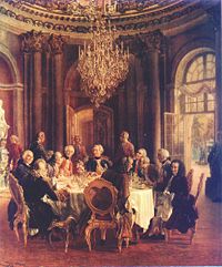 Voltaire en la corte de Federico II de Prusia, de Adolph von Menzel, Voltaire está a la derecha. En este siglo abundaron las tertulias, banquetes y reuniones, en los que se difundía la nueva cultura de los ilustrados.