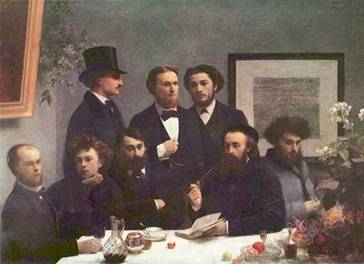 Los simbolistas.En una reunión del grupo Verlaine y Rimbaud sentados. El primero a la izquierda es Verlaine, el segundo es Rimbaud.
