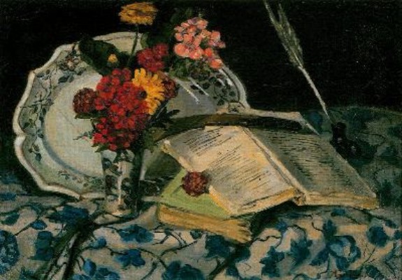 Bodegón, flores, romance, libros - Jean Baptiste Armand Guillaumin 1872.jpg