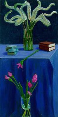 Two vases of flowers with table and books - David Hockney 1996.jpg