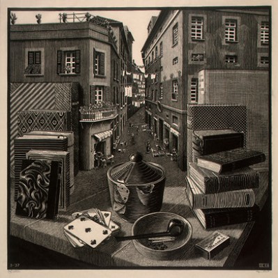 Naturaleza muerta y calle - M.C. Escher 1937.jpg