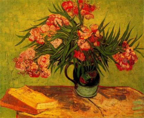 Naturaleza muerta, jarrón con adelfas y libros - Vicennt Van Gogh 1888.jpg